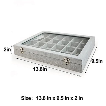 Removable 24 Grids Jewelry Organizer Box Ice Velvet Clear Lid Jewelry Tray Display Case for Earrings Rings Bracelet Grey - color: 24 Grids