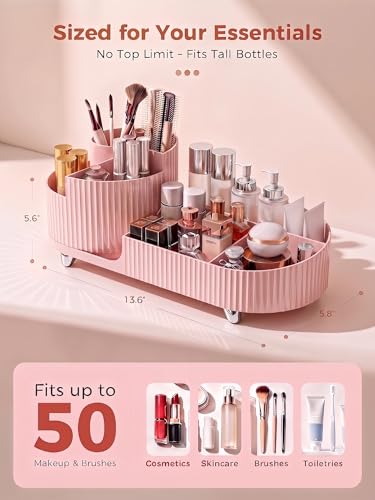 Booklov Rotating Makeup Caddy Organizer for Vanity, Large Capacity Cosmetic Display Case, Countertop Beauty Storage Holder for Skincare, Brush Eyeshadow Lipstick, Counter Desk Organization, Pink - color: Pink, size: L01
