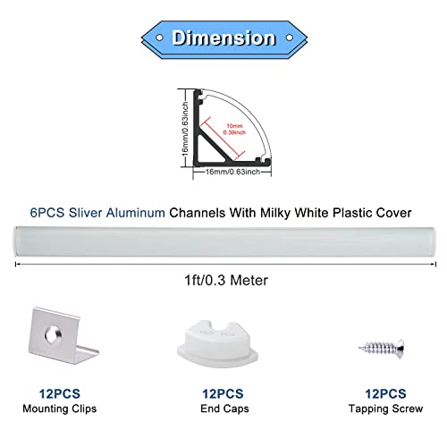 VST 6Pack 1 ft LED Aluminum Channel with Milky White Cover V Shape 16x16mm, Led Strip Light Track with End Caps and Mounting Clips Accessories for Living Room, Kitchen - color: Silver & Milky, size: 1ft 6