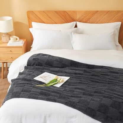 Snuggle Sac Faux Fur Checkered Blanket Twin Size with Soft Knitted Microfiber Fabric,Cozy Soft Warm Blanket for Sofa Bedroom Living Room,Solid Dark Grey,60x80 inches - color: Solid Dark Grey, size: Twin(60"x80")