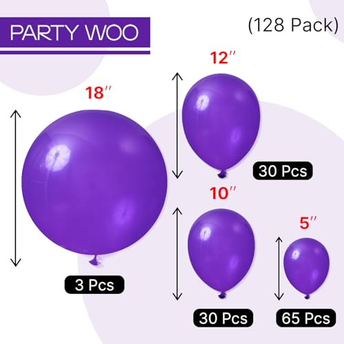 PartyWoo Dark Purple Balloons 128pcs Different Sizes of 18 12 10 5 Inch Royal Purple Balloon Arch Kit Garland for Birthday Baby Shower Graduation Anniversary Bachelorette Party Decorations Purple-Y16 - color: Purple-y16