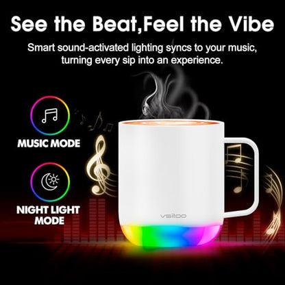 Vsitoo S6 Plus Smart Coffee Mug, 12oz,Temperature Controlled Mug & Electric Coffee Mug with Music Sync Lights，Auto-Sensing AI Heats Drinks to 120-150°F Hands-Free. Ideal for Home/Office/Gifts - White - color: White