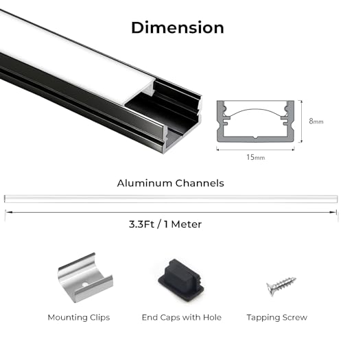 VST 20pack 3.3ft LED Channel, U Shape Led Diffuser Channel, LED Aluminum Channel System with Milky Cover, End Caps and Mounting Clips, Aluminum Profile for LED Strip Light Very Easy Installation - color: Black & Milky, size: 3.3ft 20