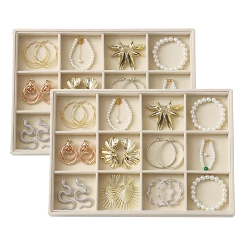 Large Velvet Jewelry Tray 2 Pack Stackable Jewelry Display Drawer Inserts Trays Organizer for Earring Bracelet Necklace Ring (Beige, 12 Grids) - color: Beige, size: 12 Grids