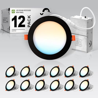 ASD 12 Pack LED Recessed Lighting 6 Inch 15W, 5 CCT 2700K-5000K CRI90+, IC Rated Ultra Thin Dimmable Ceiling Lights with J Box, Canless Wafer Downlight, Round Slim Panel Light, UL Energy Star, Black - color: Black, size: 6 Inch 15 Watt 12 Pack