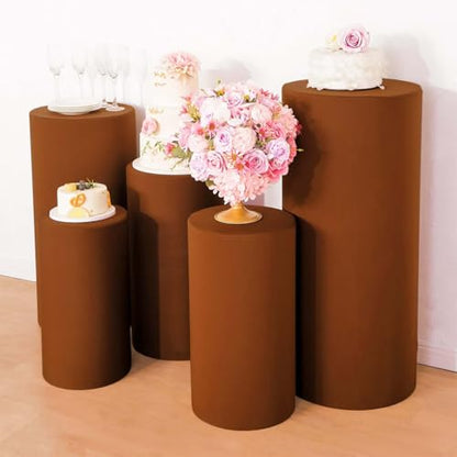 Efavormart Set of 5 | Cinnamon Brown Spandex Cylinder Plinth Display Box Stand Covers, Stretchable Pedestal Pillar Prop Covers - 160 GSM - color: Brown, size: Spandex Cylinder Covers