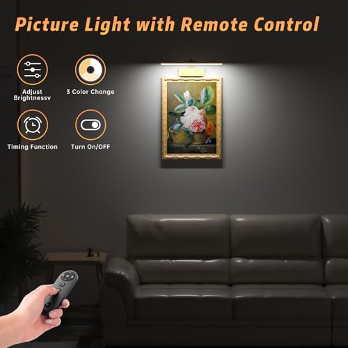 Lightbiz Picture Light, 15.35inch 5400mAh Rechargeable Picture Lights for Wall Battery Operated Wall Lights, 3 Colors Paintings Light Dimmable Art Light for Artwork, Gallery (Gold)