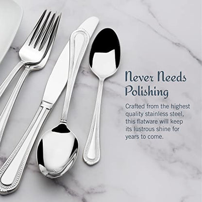 Mikasa Regent Bead 65-Piece Silverware Set, 18/10 Stainless Steel Flatware Service for 12, Includes 5 Serving Tools, Dishwasher Safe Polished Cutlery - size: 65 Piece Set, style: Regent Bead