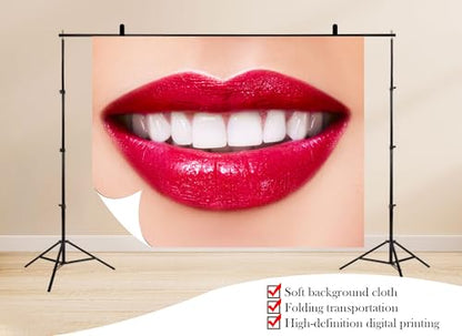 12x8ft Bright Red Lips with White Teeth Backdrop Dental Beauty Close Up Scene Photo Background Tapestry for Cosmetic Dentistry Event Beauty Brand Photography Decorations Studio Props - size: 12X8ft