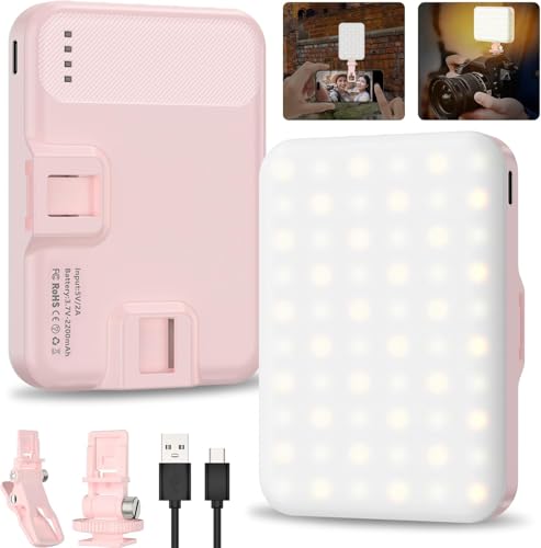 Hagibis LED Camera Light Video Lights Portable Photography Lighting 60 LED 2200mAh Rechargeable Selfie Light 7 Modes, 10-Level Brightness, Portable Clip on Light for Phone/Tablet/Laptop, Pink - color: Pink