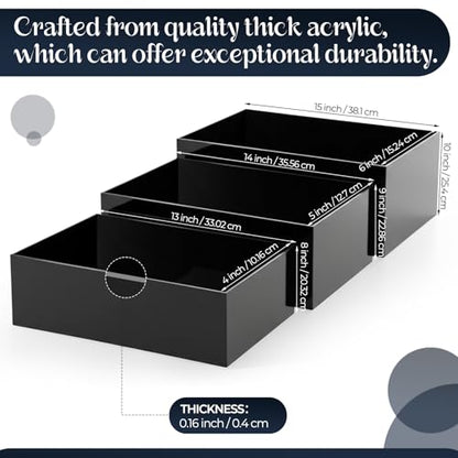 3 Pack Extra Large Acrylic Buffet Risers - 15”, 14”, 13” Black Display Stands with Hollow Bottoms, Cube Riser Boxes Nesting for Dessert Food Catering Buffet Display Party Supplies - color: Black, size: 15”,14”,13”