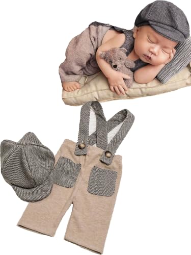 Newborn Baby Boy Suspender Pants Photo Outfits Gentleman Photography Outfit Girl - color: Khaki3