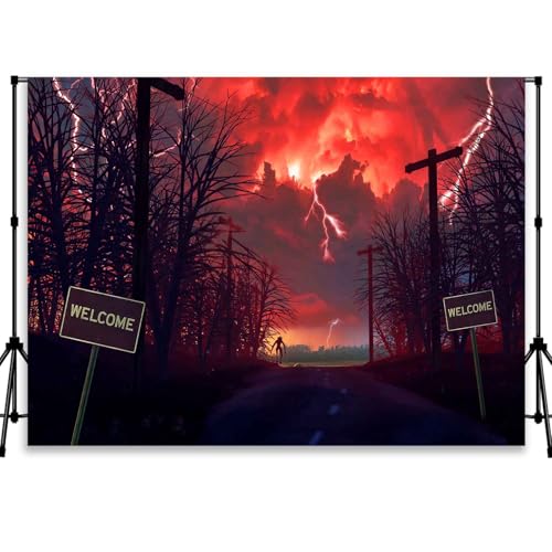 Horrors Forest Background Red Sky Lightning Backdrop for Halloween Birthday Party Decorations Photo Booth Studio Props 70.87 x 45.28 in YUNHBDJ843 - size: 70.84*45.28IN