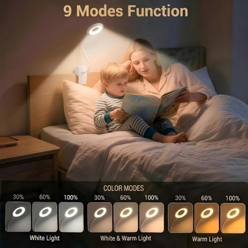 LACOKI Clip on Rechargeable Reading Light for Bed, 3 Color x 3 Brightness 28 LEDs Desk Light, Eye-Caring Desk Lamp with Clamp for Headboard, Table, Desk