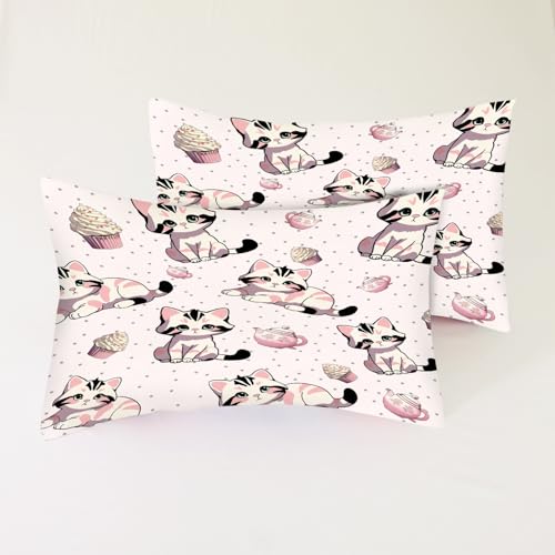 Pink Cat Fitted Sheet Set Queen Size Girls Cute Sheet for Bedroom Kids Soft Microfiber 4-Piece Cartoon Sheet Set 1 Fitted Sheet+1 Flat Sheet+2 Pillowcases Cartoon Bedding Set - color: Pink-cat, size: Queen