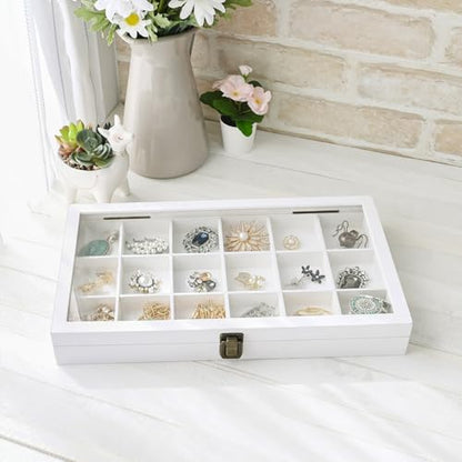 MOOCA Wooden Display Storage Case with Tempered Glass Lid for Jewelry and Beads with 18 Compartments Tray, 15 W x 8 3/8 L x 2 1/8 H in, Wash White Color - color: Wash White