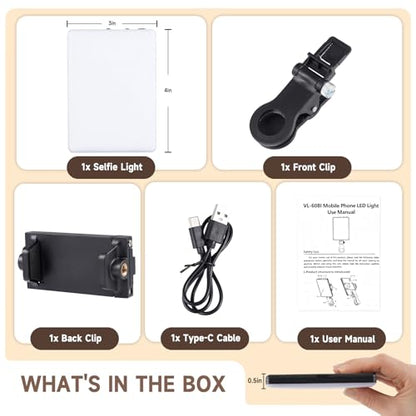 YSKE-Selfie Light, Clip On Phone Light for Video Calls& Professional Dual Clip Phone Light Compatible with Rechargeable Battery 3 Color Modes for iPho