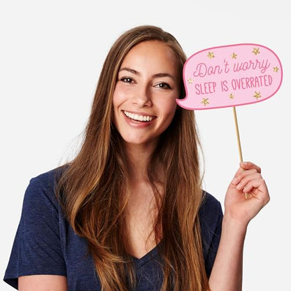 Fully Assembled Baby Shower Photo Booth Props - Set of 30 - Girl Baby Shower Selfie Signs - Pink Party Supplies & Decorations - with Real Gold Glitter - Did We Mention No DIY