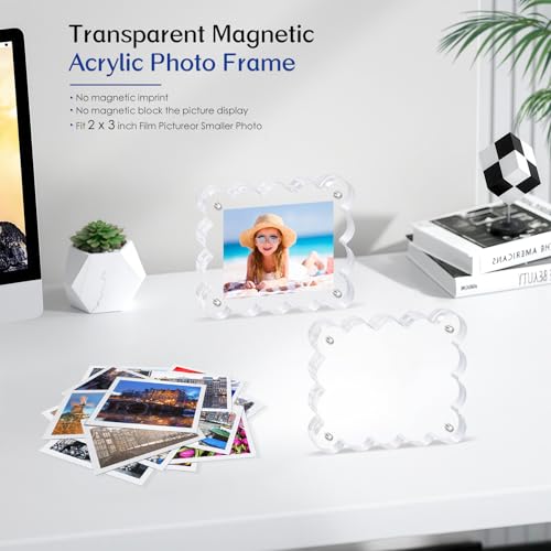 2Pack Magnetic Acrylic Picture Frames 2×3 Inch - Scalloped Glass Frame with 10+10mm Thick Block, Double Sided Clear Frames for Desktop Display | Trendy Home Gift (2 Pack, 2×3) - color: 2 Pack, size: 2×3