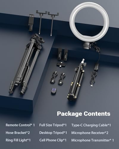 Vlogging Kit for iPhone/Android, 10'' Selfie Ring Light with Stand, 57'' Extendable Tripod, Desktop Tripod, Wireless Microphone - YouTube Starter Kit, Content Creator Essentials for TikTok,Live Stream