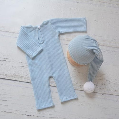 Newborn Baby Photo Shoot Props Girl Boy Crochet Knit Hat Costume Stripe Hat Pants Overalls Photography Props - color: Baby Blue