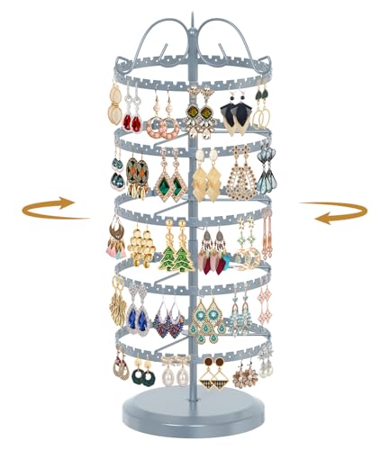 MODOWEY 5 Tier Rotating Earring Holder Organizer Stand, Adjustable Metal Display Tree Rack for Women, 400 Hole and Groove Large Storage for Pierced Stud Dangle Hoop, Compact for Small Dresser, Grey - color: Grey, size: 5-Tier