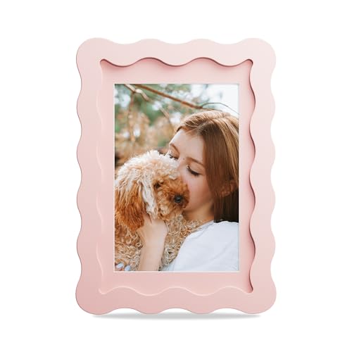 4x6 Picture Frame with Mat for 3.5x5, Wavy Edge Wooden Real Glass Photo Frame for Tabletop and Wall Hanging, Pink, 1 Pack - color: Pink, size: 4x6 in