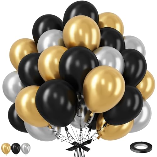 Black and Gold Balloons Set, 12 Inch Black Gold Silver Balloon New Year Eve Party Decoration Black Silver Latex Balloons for New Year Party Birthday Wedding Graduation Banquet Decoration - color: Black Gold