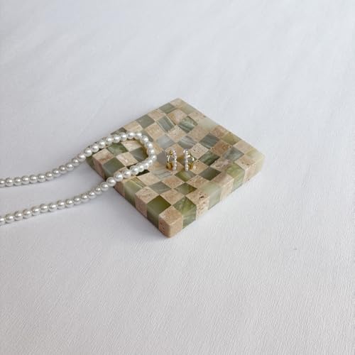 Marble Stone Green Onyx with Travertine Checkerboard Square Small Splicing Mosaic Tray Jewelry Dish (Green and Beige)