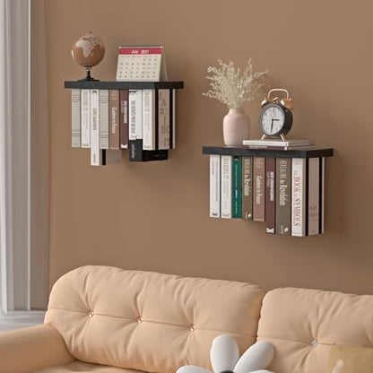 Tohiasen Floating Book Shelves for Wall Mounted Set of 2, Wood Hanging Bookshelf, Book Display Shelf for Wall, Unique Space Saving Book Shelf Wall Book Holder (Black) - color: Black