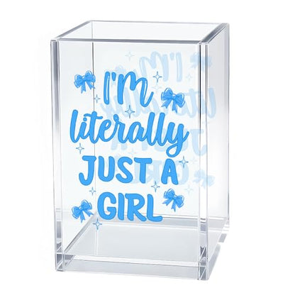 I'm Literally Just A Girl Cosmetic Organizer Pen Holder, Funny Bow Vanity Accessories for Girls Daughter, Desk Accessories Makeup Brushes Holder for Friend Sister, Back To School Gifts Organizer