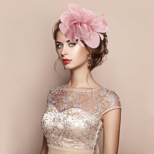 Fascinators Hats with Gloves Set for Women 20s 50s Cocktail Tea Party Wedding Costume Headwear - color: 03-dusty Pink