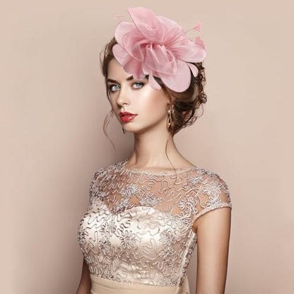 Fascinators Hats with Gloves Set for Women 20s 50s Cocktail Tea Party Wedding Costume Headwear - color: 03-dusty Pink