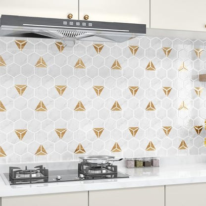 WESTICK White Gold Marble Back Splash Stick on Tiles for Kitchen Hexagon Peel and Stick Backsplash Tile Waterproof Bathroom Vinyl Backsplash Panels for Laundry Room Wall RV 10 Pack 12" x 12" - color: 9.Gold white