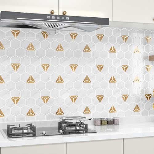 WESTICK White Gold Marble Back Splash Stick on Tiles for Kitchen Hexagon Peel and Stick Backsplash Tile Waterproof Bathroom Vinyl Backsplash Panels for Laundry Room Wall RV 10 Pack 12" x 12" - color: 9.Gold white