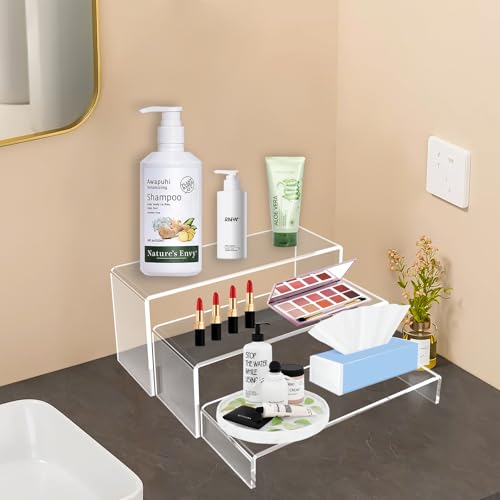 6 PCs Risers Display Stands 3 Tiers Desktop Acrylic Shelves Cake Dessert Holder Products Stand for Collectibles Shoes Jewels Pop Figure (Clear) - color: Clear 6 PCs