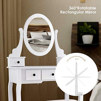 Giantex Girl Vanity Set with 5 Drawers, Makeup Dressing Table with Cushioned Stool for Modern Bedroom Apartment, White Vanity Desk for Women - color: White, style: 5 Drawers