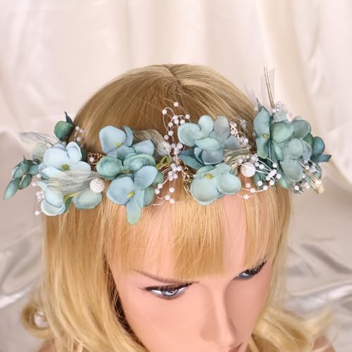 Adjustable Flower Crown Headband for Women - Floral Garland Hair Wreath with Crystal Accents Perfect for Weddings Flower Wands Photo Props (Dark Green Flower, Adjustable) - color: Dark Green Flower