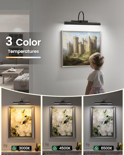 Bridika Picture Light Battery Operated, 19.7in Picture Lights for Wall, 3 Colors & Brightness Dimmable, Rechargeable Art Light for Paintings Photo Dartboard Gallery Bedroom Bathroom Black - color: Black, size: 19.7in