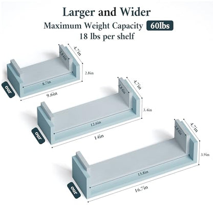 SRIWATANA Floating U Shelves Wall Mounted, Solid Wood Wall Shelves Set of 3 (Blue) - color: Blue