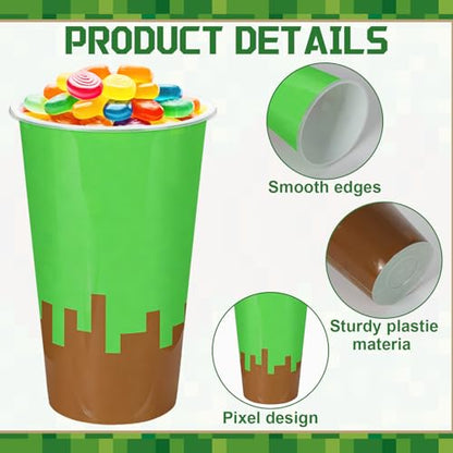 48 Pack Pixel Party Favors Goodie Cups Video Game Birthday Party Cups 16 oz Reusable Pixel Game Themed Plastic Cup with Lid Plugs for Gamer Pixelated Birthday Shower Decorations