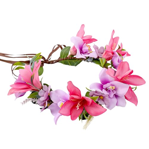 Hawaiian Flower Hair Accessories, Pink Hawaii Floral Headpiece, Adjustable Tropical Leis Flower Crown Headband for Women Girls Lei Hula Dance Dress Up Accessory Summer Beach Party Decoration - color: Rose-Purple