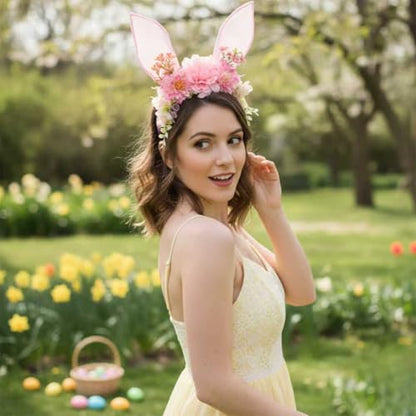 Women Easter Bunny Ears Headband Flowers Crown Rabbit Ears Party Headwear - color: pink
