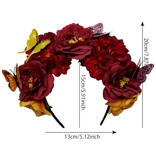 Elegant Butterfly Flower Headband for Women Boho Handmade Rose Floral Crown Wedding Bridal Festivals Cosplay Prom Photo Props Headpiece (B4 red, Adjustable) - color: B4 red