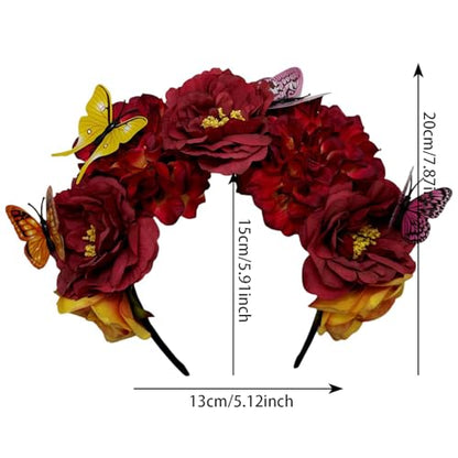 Elegant Butterfly Flower Headband for Women Boho Handmade Rose Floral Crown Wedding Bridal Festivals Cosplay Prom Photo Props Headpiece (B4 red, Adjustable) - color: B4 red