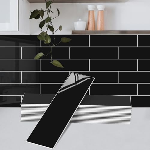24-Pieces Peel and Stick Tiles for Kitchen Backsplash, New Upgrade Design 12" x 3"SPC Subway Backsplash Tiles, Marble Black Premium Finger Tiles, Peel and Stick Backsplash for Kitchen. - color: Black, size: 10 Sheet