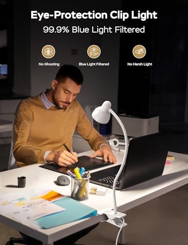 LiFMIRA Clip on Lamp USB Reading Light, 3 Color Modes, 10 Brightness Dimmable, Flexible Gooseneck Desk Lamp with Clamp, Eye Care Clip on Light for Bed Desk Headboard Home Dorm White - color: White