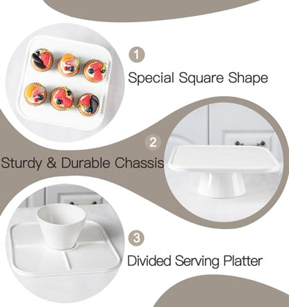 10" Square Ceramic Cake Stand 5-in-1 - White Pedestal Serving Platter for Wedding Birthday Party Baby Shower, Dessert Cupcake Fruit Display Stand, Multifunctional Kitchen Centerpiece - size: 10" x 10" x 3.7"