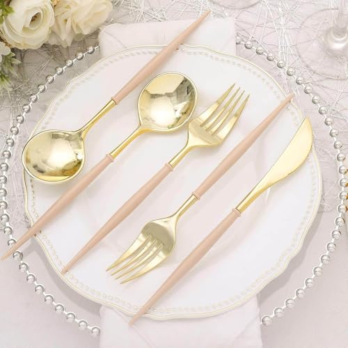 Efavormart 24-Pack 8" Gold and Beige Disposable Plastic Silverware; Natural Dual-Tone Heavy-Duty Cutlery for Boho Chic Weddings, Organic Themes and Neutral Minimalist Decor - color: Beige, size: 8"