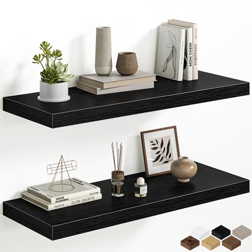 12 Inch Deep Floating Shelves, 32W x 12D Floating Shelf for Books, Rustic Wood Deep Wall Shelves for Home Storage & Display, 1.5" Thicked Shelves for Kitchen, Living Room, Bedroom, Black, 2 Pack - color: Black, size: 32 Inch, Set of 2